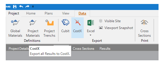 The new Data tab with CostX export